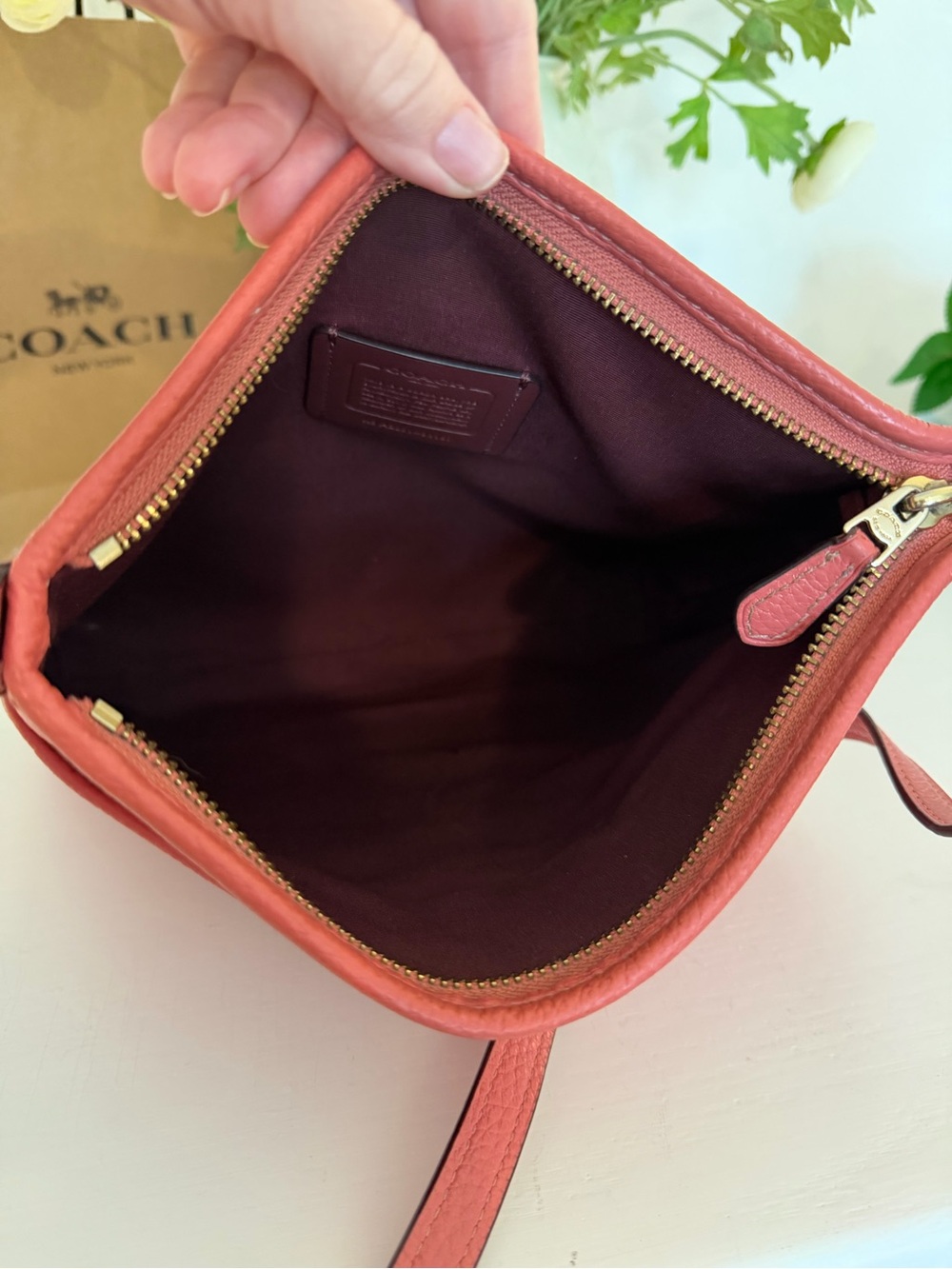 COACH Coral Bright Pink Perforated Logo Pebble Leather Crossbody style 91167 - Picture 10 of 15